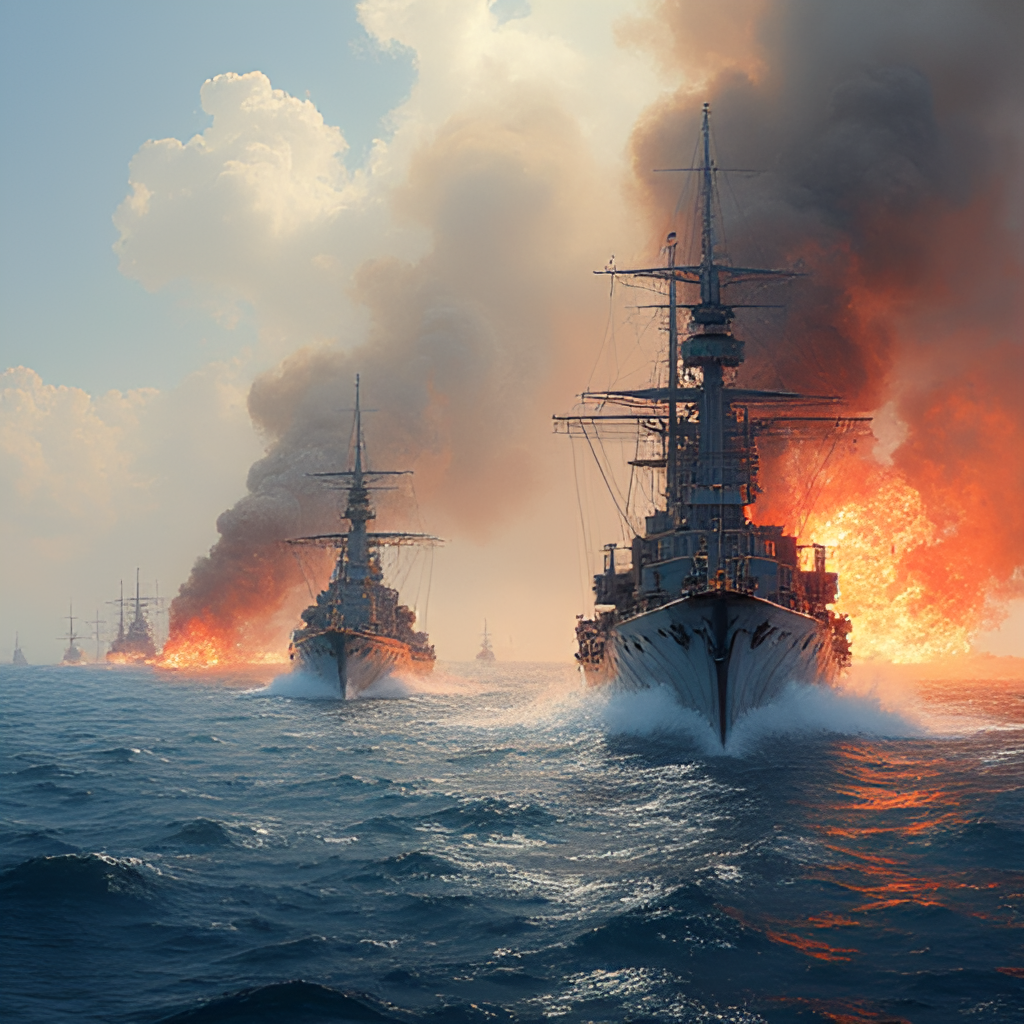 A dramatic oil painting style illustration of the Battle of Tsushima (日本海海戦), showing Japanese warships maneuvering against larger Russian vessels amidst smoke and cannon fire, focusing on the strategic formation or a powerful broadside, historical maritime art