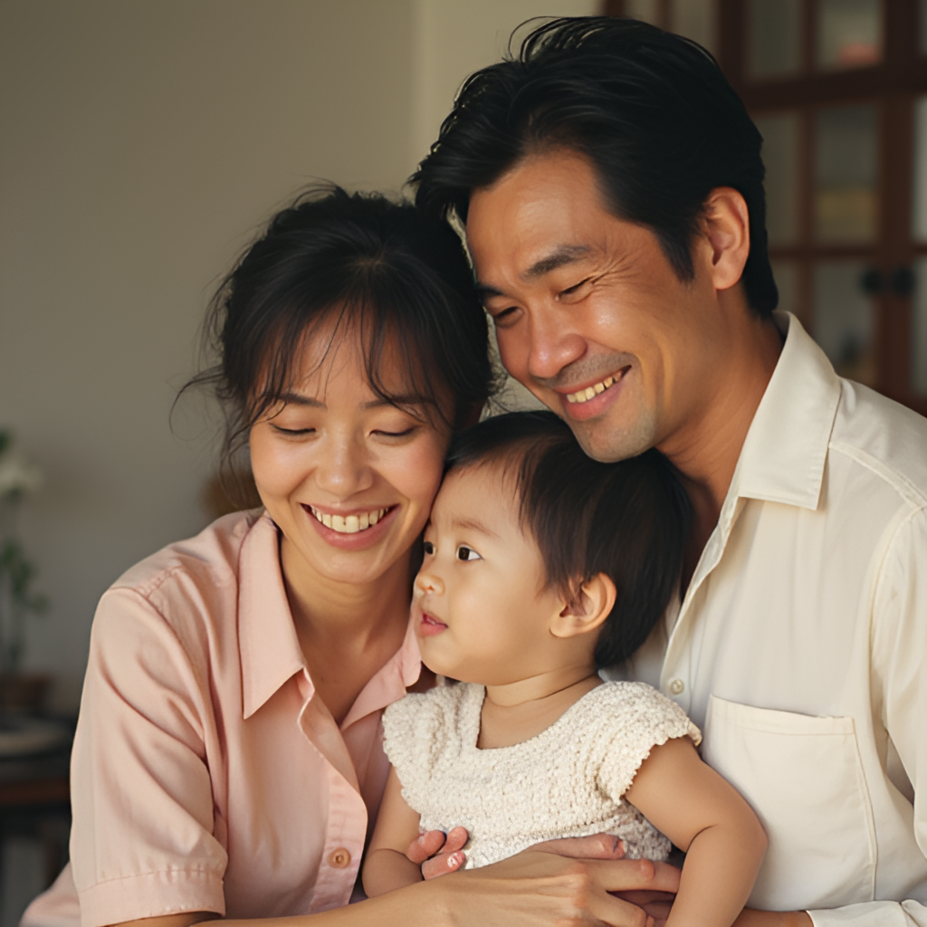 A warm, candid photograph capturing a moment of Obata no Oniisan with his wife, Yuki Yamasaki, and their child, reflecting their public image as a happy family. The setting could be casual, like at home or during an outing.