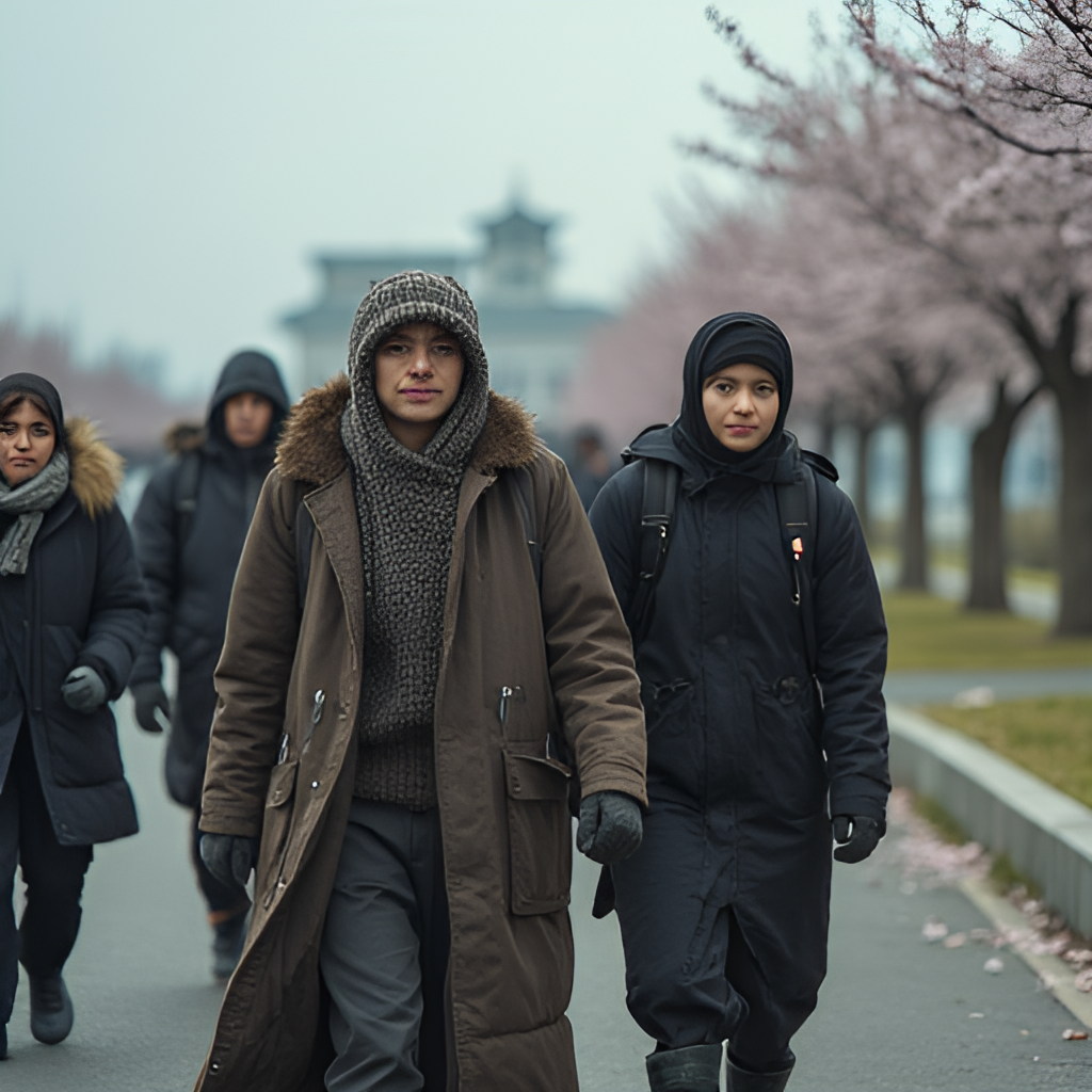 A poignant image showing Ukrainian displaced persons, perhaps a family, arriving in Japan, with subtle visual cues indicating both the hardship of displacement and the hope for a new life, maybe including a small Japanese element like cherry blossoms or a Japanese style building in the distance.