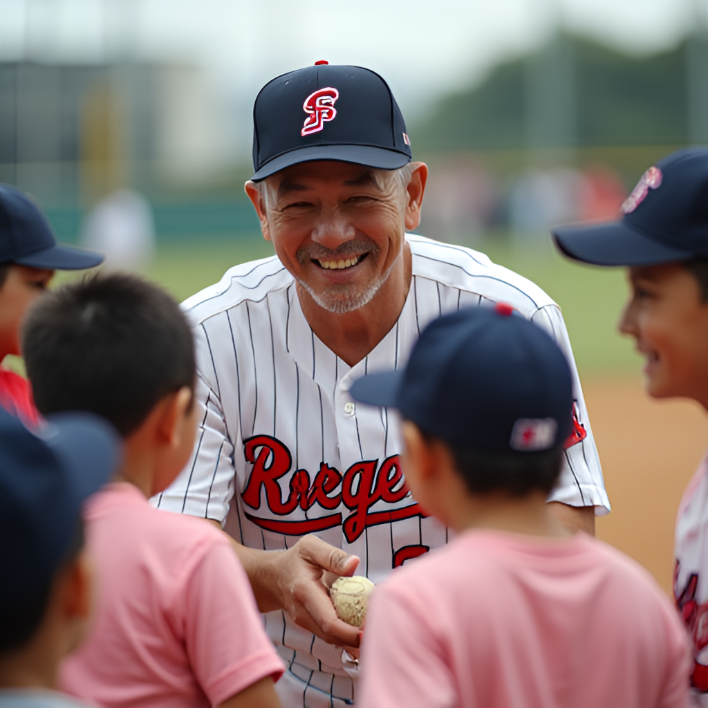 A heartwarming photograph of Shinnosuke Ogasawara interacting with children during a baseball charity event. He is smiling, perhaps signing autographs or demonstrating a technique, surrounded by enthusiastic kids. The setting is a baseball field, conveying his passion for the sport and community.